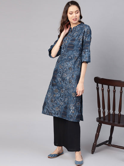 Women Navy Blue & Golden Printed Straight Kurta | LASVINI - Redefining Indian Fashion with Elegance