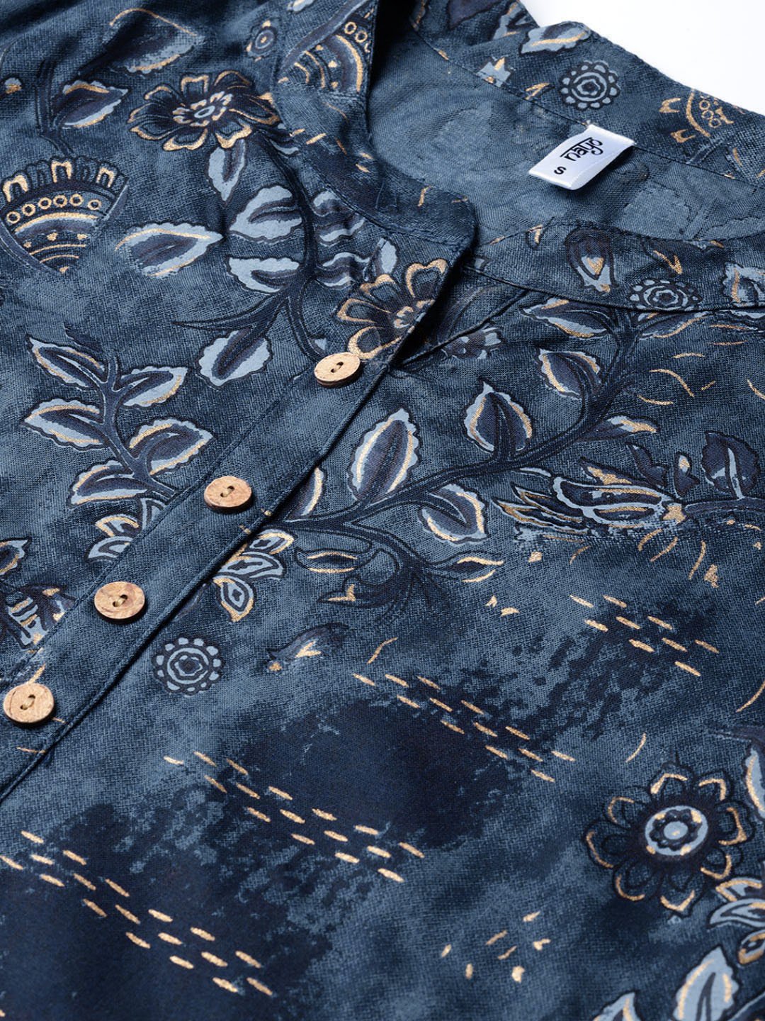 Women Navy Blue & Golden Printed Straight Kurta | LASVINI - Redefining Indian Fashion with Elegance