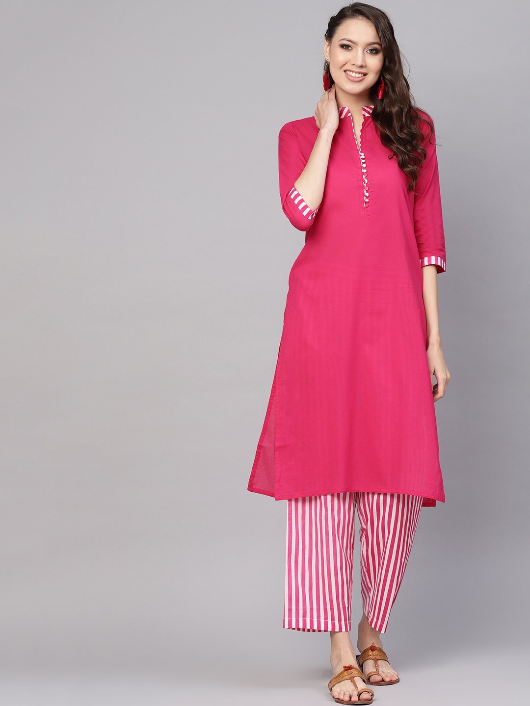 Women Pink & White Solid Kurta With Palazzos | LASVINI - Redefining Indian Fashion with Elegance