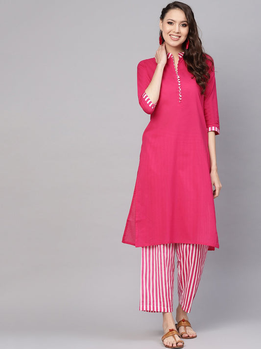 Women Pink & White Solid Kurta With Palazzos | LASVINI - Redefining Indian Fashion with Elegance