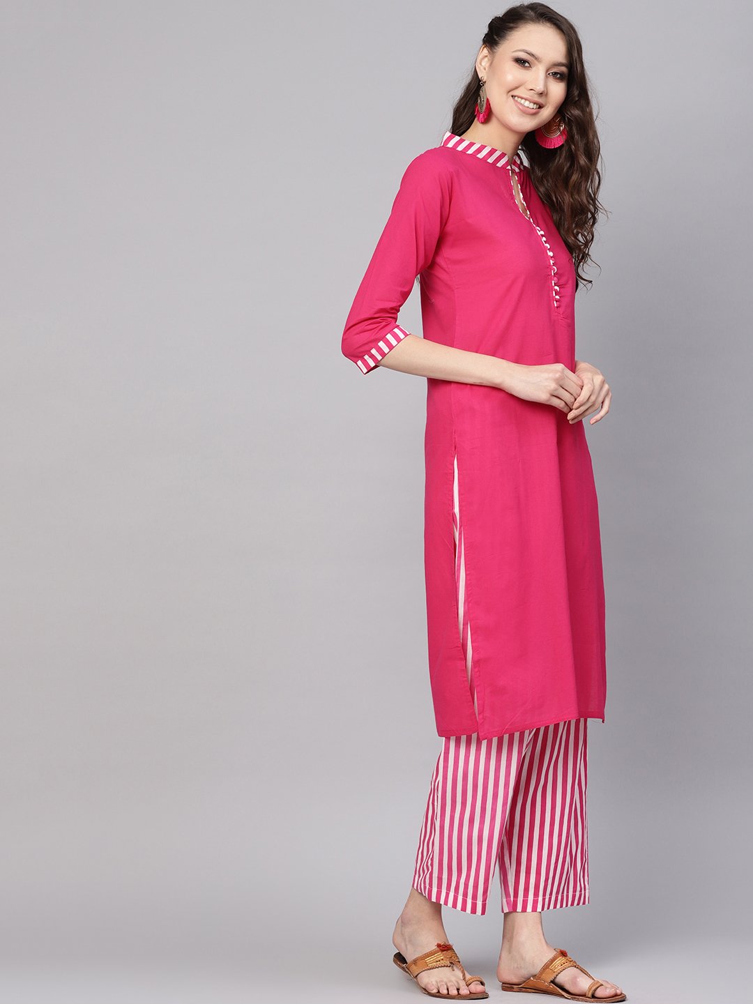 Women Pink & White Solid Kurta With Palazzos | LASVINI - Redefining Indian Fashion with Elegance