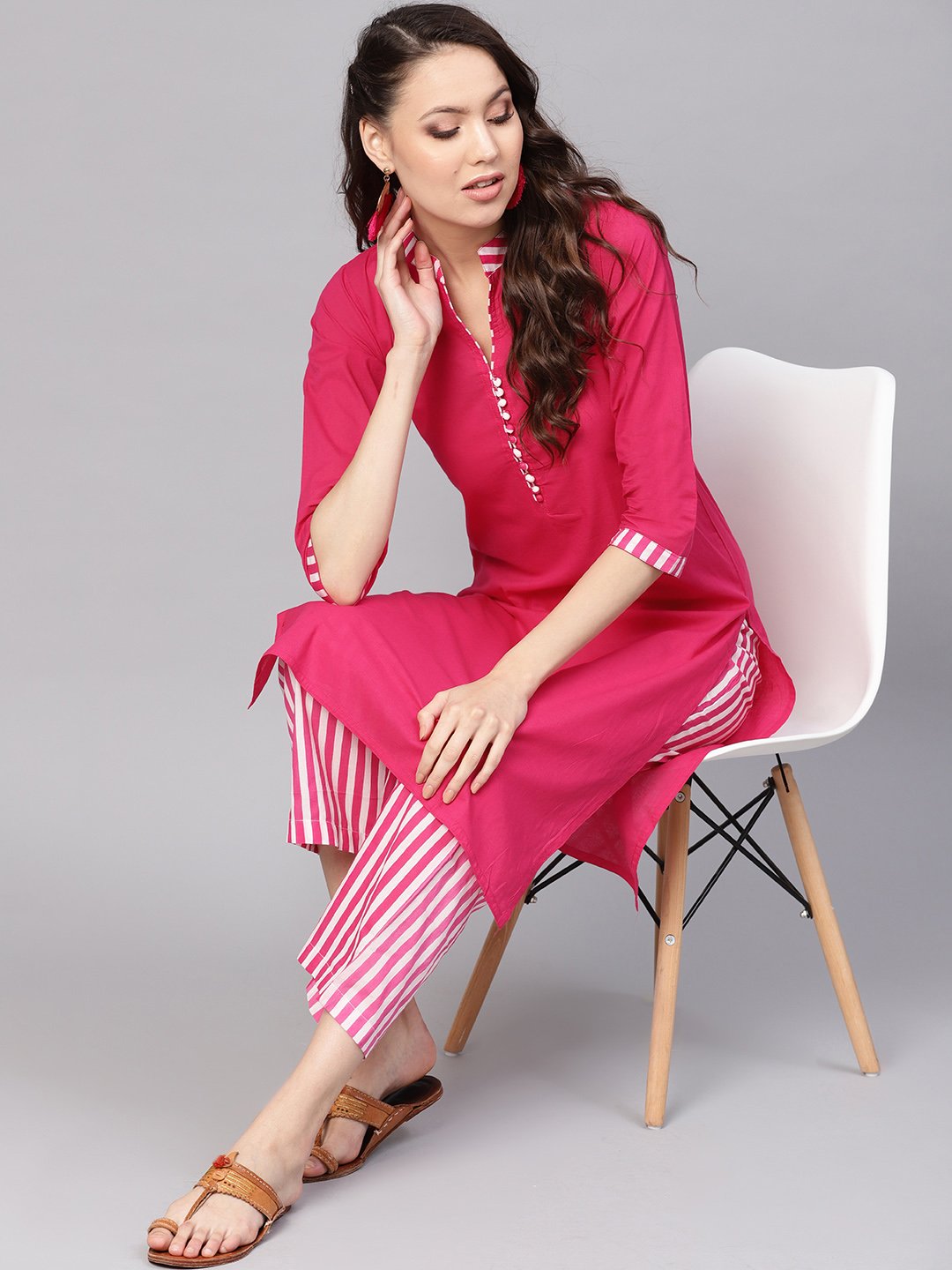 Women Pink & White Solid Kurta With Palazzos | LASVINI - Redefining Indian Fashion with Elegance