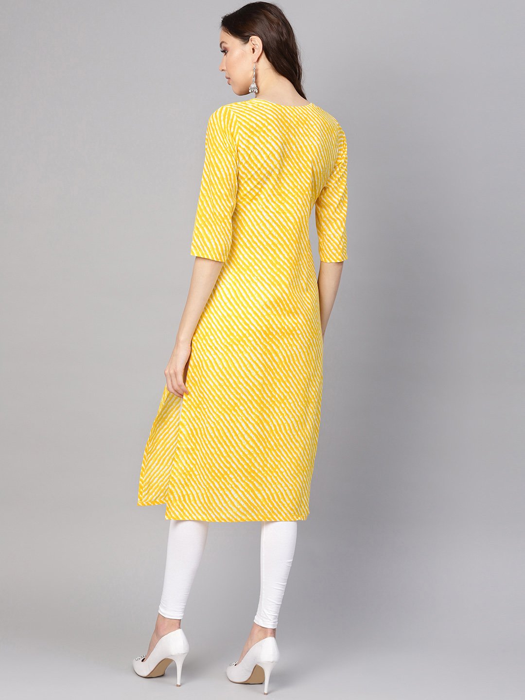 Women Yellow & White Leheriya Print Straight Kurta | LASVINI - Redefining Indian Fashion with Elegance