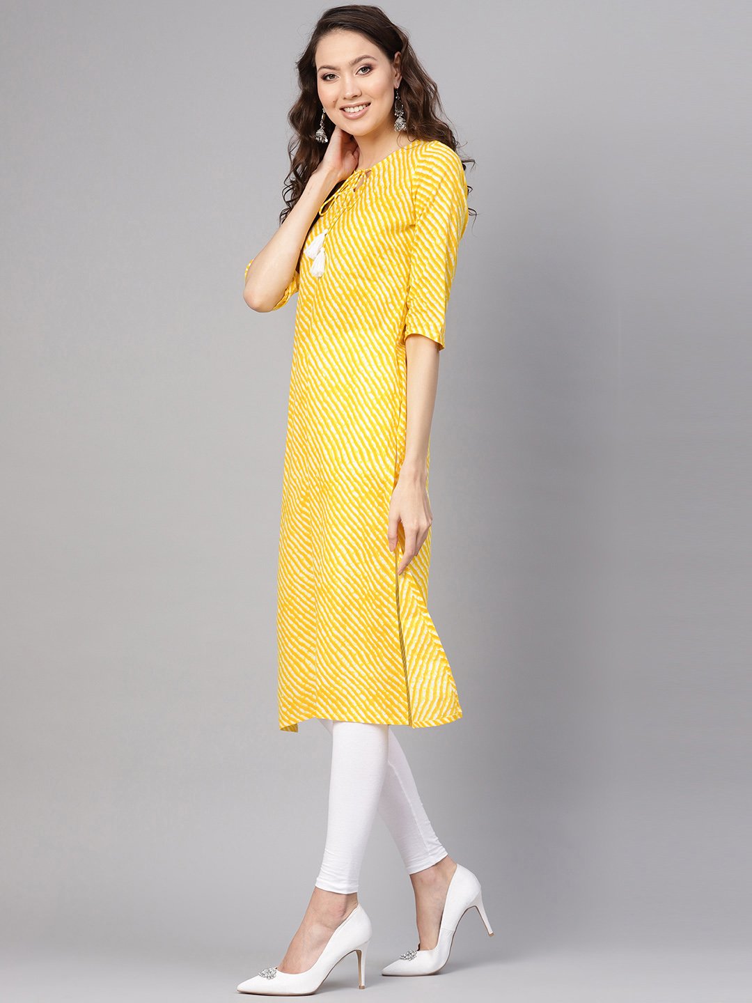 Women Yellow & White Leheriya Print Straight Kurta | LASVINI - Redefining Indian Fashion with Elegance