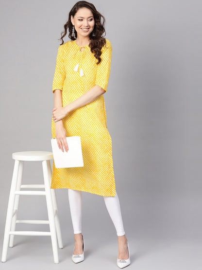 Women Yellow & White Leheriya Print Straight Kurta | LASVINI - Redefining Indian Fashion with Elegance