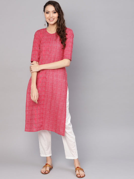 Women Red & White Striped Kurta With Trousers | LASVINI - Redefining Indian Fashion with Elegance