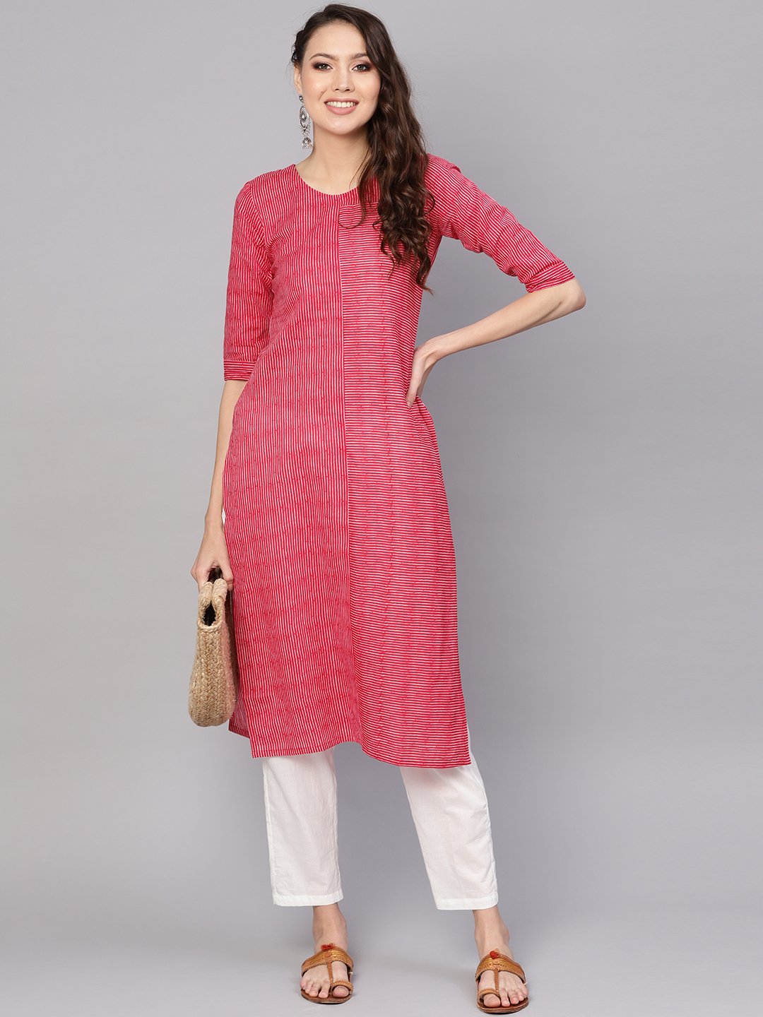Women Red & White Striped Kurta With Trousers | LASVINI - Redefining Indian Fashion with Elegance