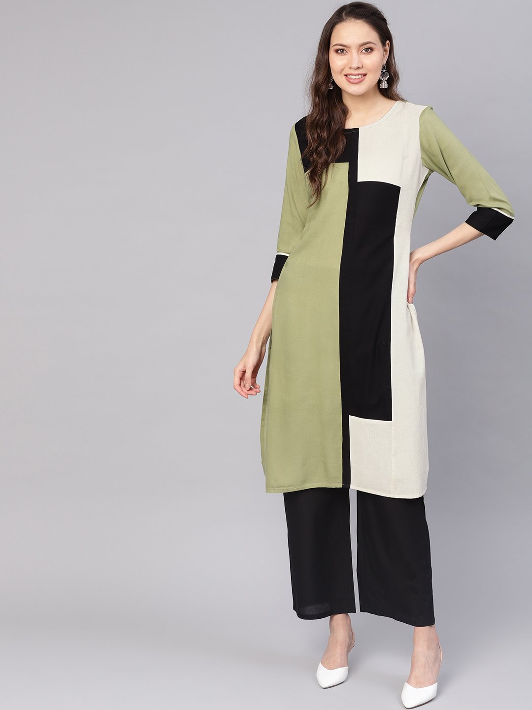 Women Green & Black Colourblocked Straight Kurta | LASVINI - Redefining Indian Fashion with Elegance