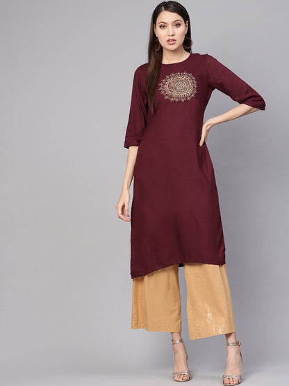 Women Burgundy Yoke Design Straight Kurta | LASVINI - Redefining Indian Fashion with Elegance