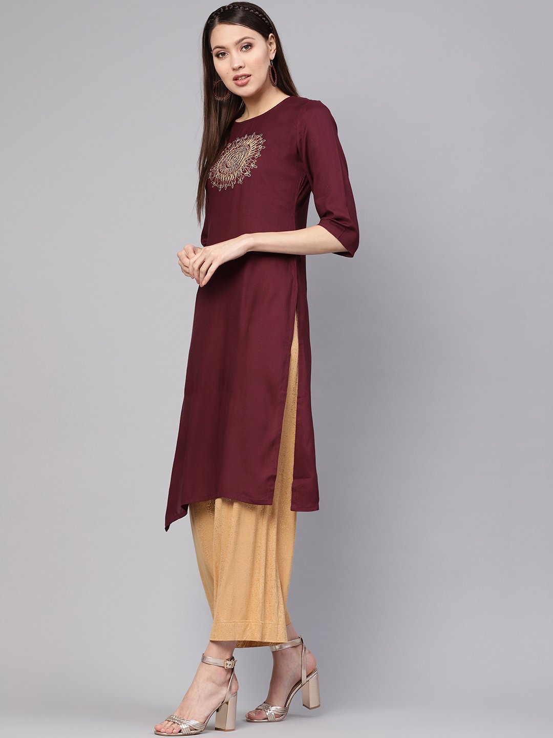 Women Burgundy Yoke Design Straight Kurta | LASVINI - Redefining Indian Fashion with Elegance