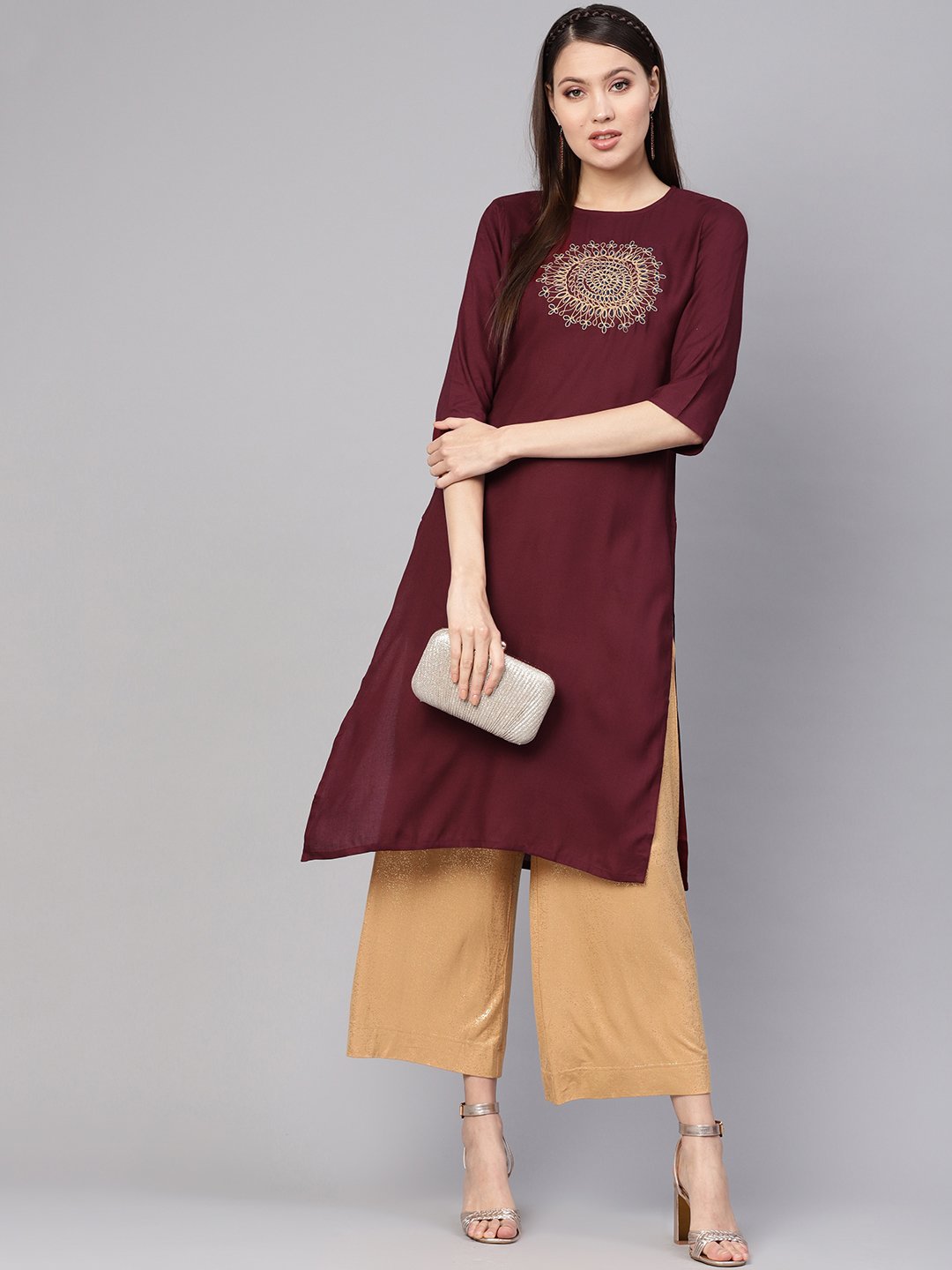 Women Burgundy Yoke Design Straight Kurta | LASVINI - Redefining Indian Fashion with Elegance