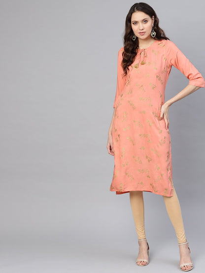 Women Peach-Coloured & Golden Khari Printed Straight Kurta | LASVINI - Redefining Indian Fashion with Elegance