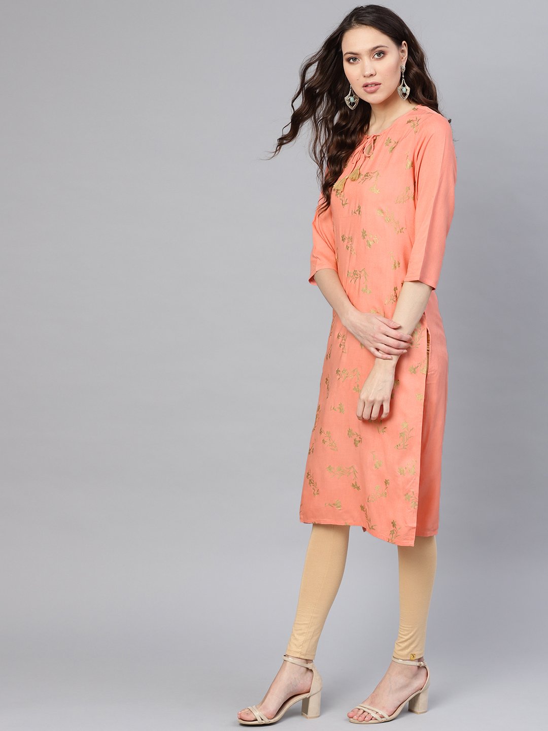 Women Peach-Coloured & Golden Khari Printed Straight Kurta | LASVINI - Redefining Indian Fashion with Elegance