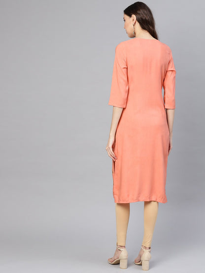 Women Peach-Coloured & Golden Khari Printed Straight Kurta | LASVINI - Redefining Indian Fashion with Elegance