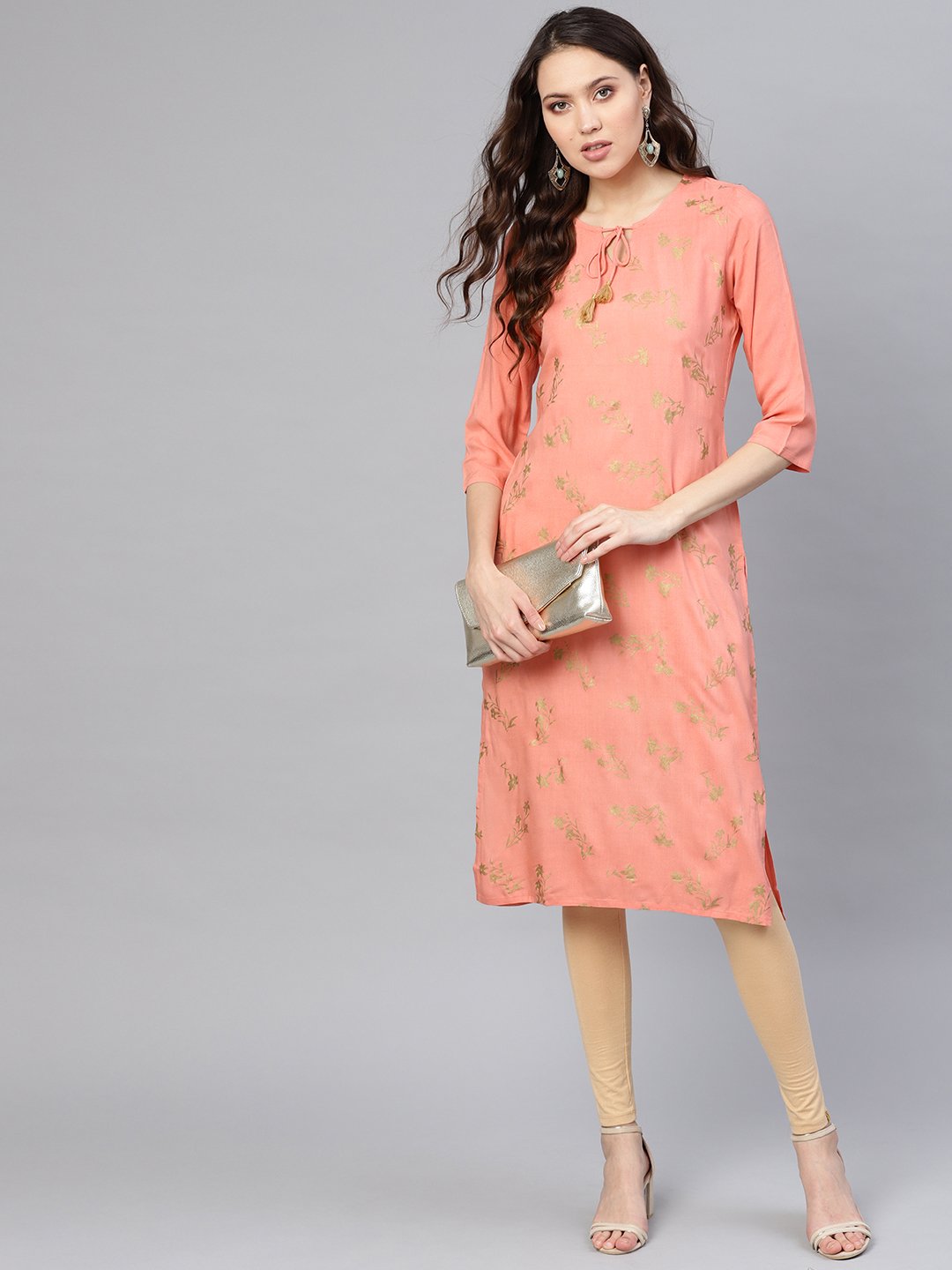 Women Peach-Coloured & Golden Khari Printed Straight Kurta | LASVINI - Redefining Indian Fashion with Elegance