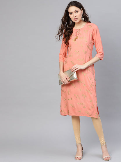 Women Peach-Coloured & Golden Khari Printed Straight Kurta | LASVINI - Redefining Indian Fashion with Elegance