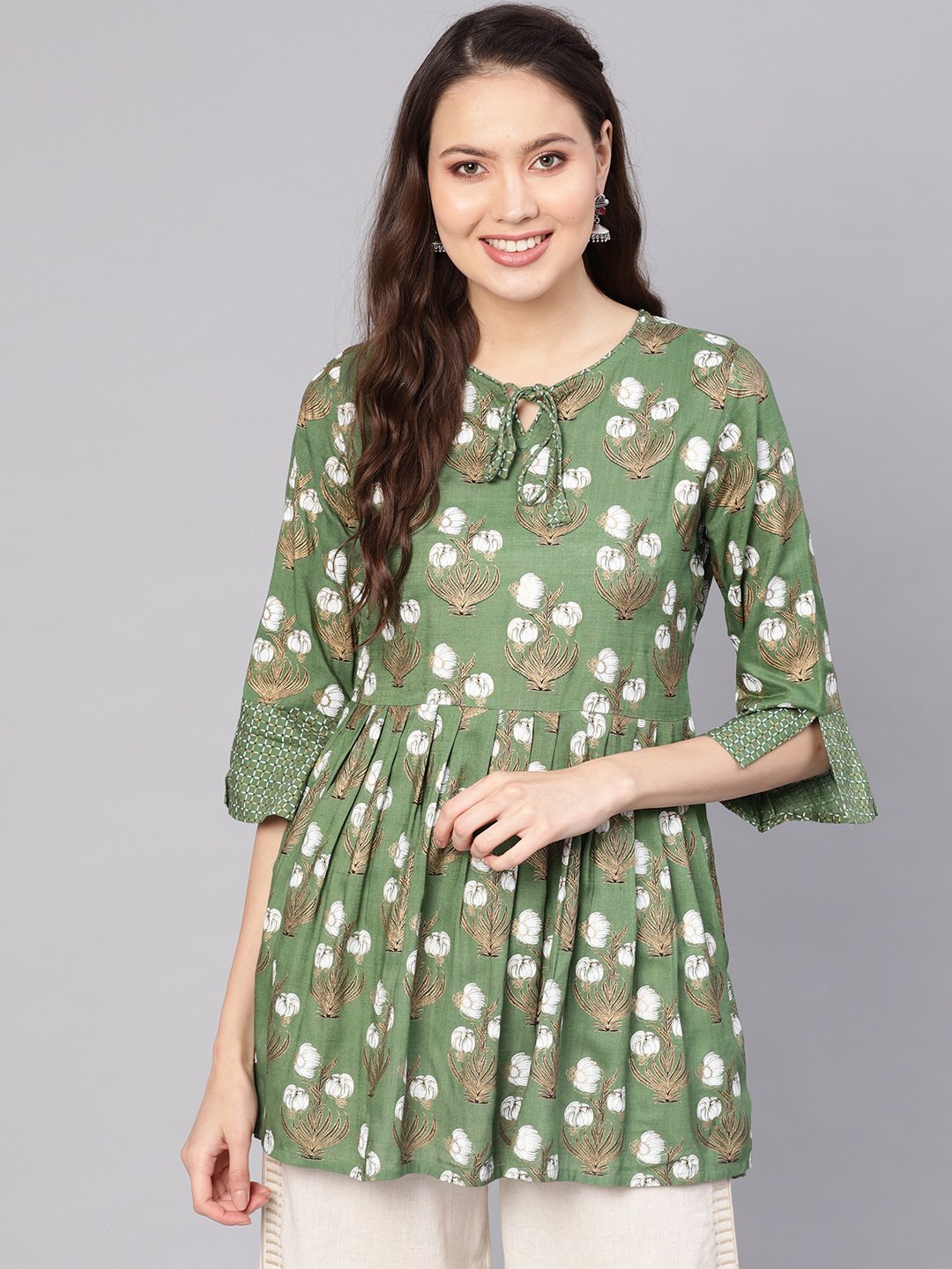 Women Green & White Printed A-Line Tunic | LASVINI - Redefining Indian Fashion with Elegance