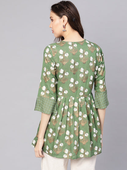 Women Green & White Printed A-Line Tunic | LASVINI - Redefining Indian Fashion with Elegance