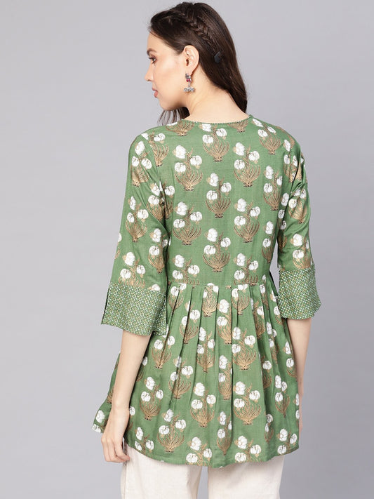 Women Green & White Printed A-Line Tunic | LASVINI - Redefining Indian Fashion with Elegance