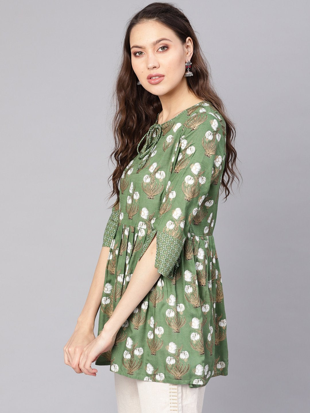 Women Green & White Printed A-Line Tunic | LASVINI - Redefining Indian Fashion with Elegance