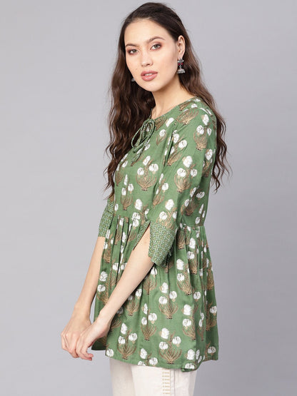 Women Green & White Printed A-Line Tunic | LASVINI - Redefining Indian Fashion with Elegance