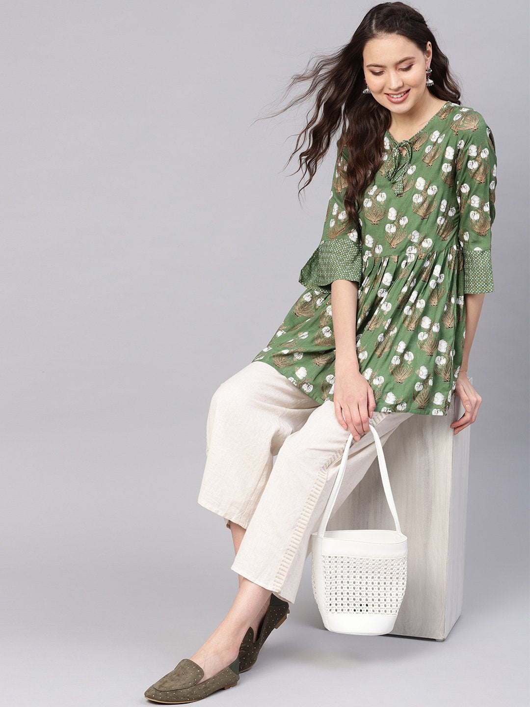 Women Green & White Printed A-Line Tunic | LASVINI - Redefining Indian Fashion with Elegance