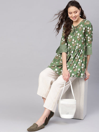 Women Green & White Printed A-Line Tunic | LASVINI - Redefining Indian Fashion with Elegance