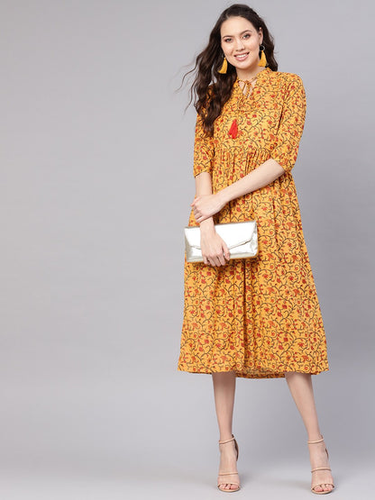 Women Mustard Yellow & Red Printed A-Line Dress | LASVINI - Redefining Indian Fashion with Elegance