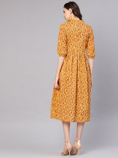 Women Mustard Yellow & Red Printed A-Line Dress | LASVINI - Redefining Indian Fashion with Elegance