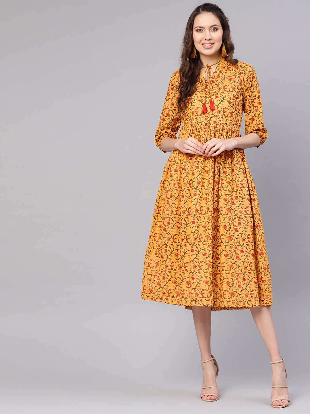 Women Mustard Yellow & Red Printed A-Line Dress | LASVINI - Redefining Indian Fashion with Elegance