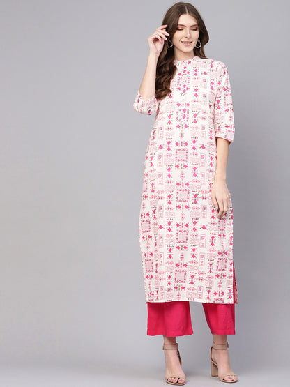 Women White & Pink Printed Straight Kurta | LASVINI - Redefining Indian Fashion with Elegance