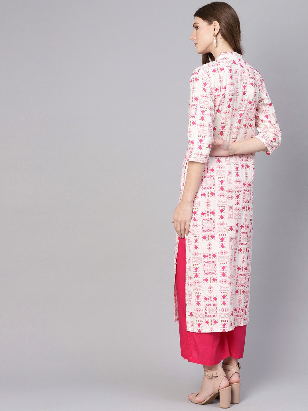 Women White & Pink Printed Straight Kurta | LASVINI - Redefining Indian Fashion with Elegance