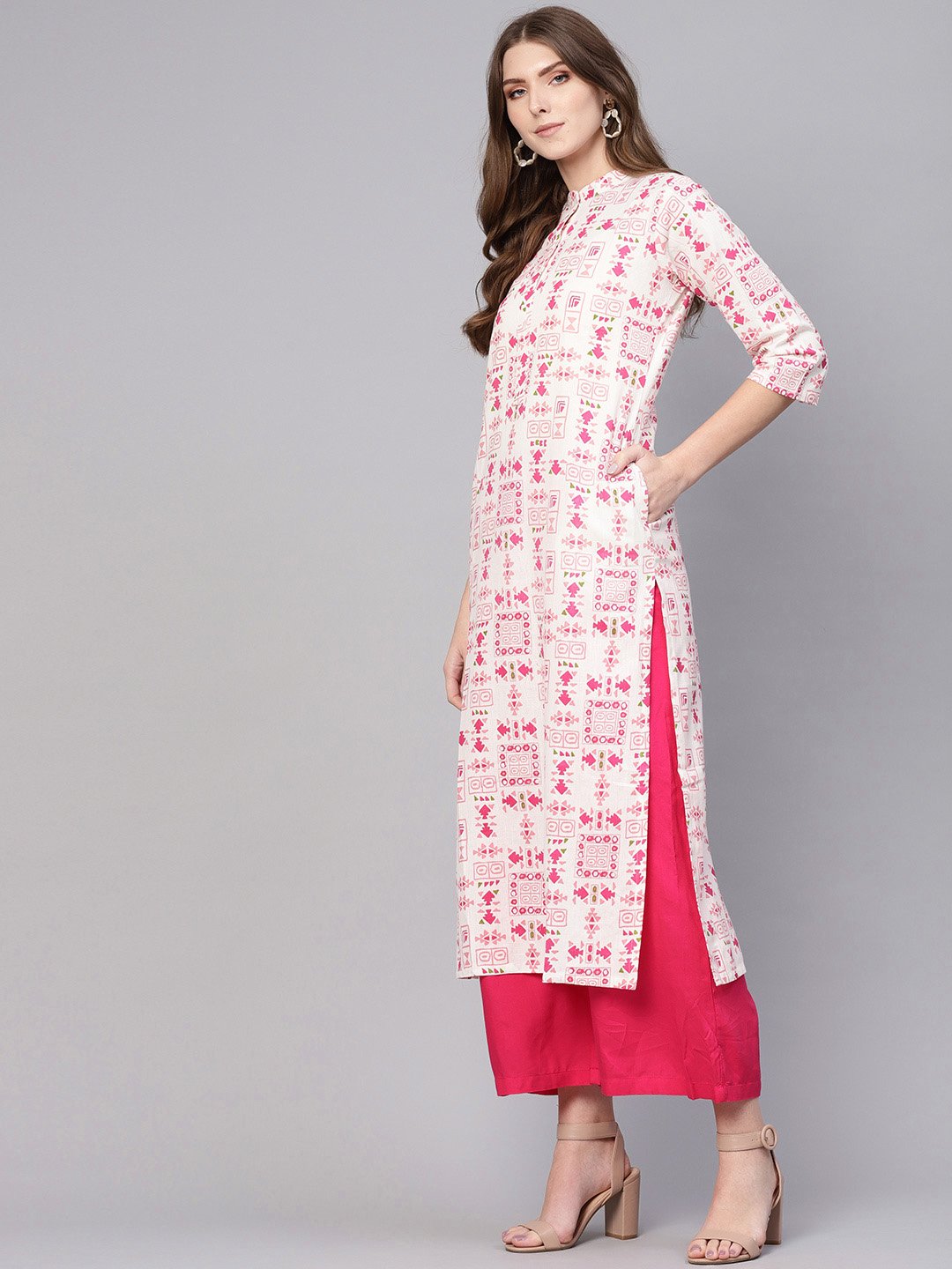 Women White & Pink Printed Straight Kurta | LASVINI - Redefining Indian Fashion with Elegance