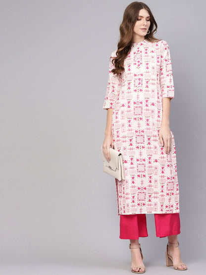Women White & Pink Printed Straight Kurta | LASVINI - Redefining Indian Fashion with Elegance