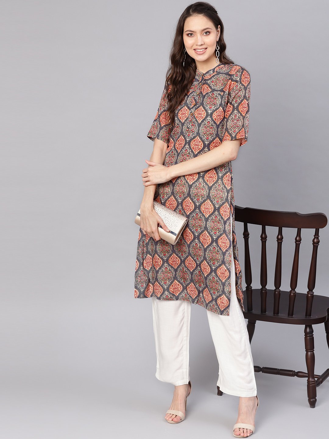 Women Grey & White Printed Kurta With Palazzos | LASVINI - Redefining Indian Fashion with Elegance