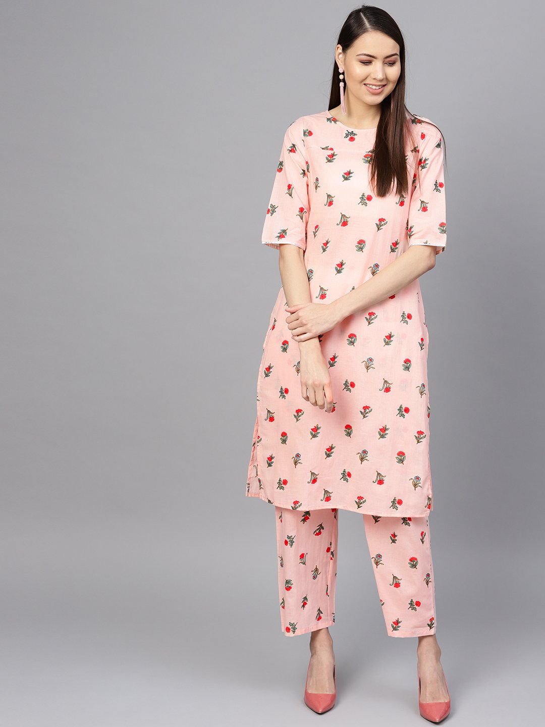 Women Peach-Coloured & Red Printed Kurta With Palazzos | LASVINI - Redefining Indian Fashion with Elegance