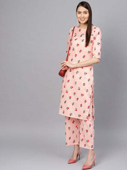 Women Peach-Coloured & Red Printed Kurta With Palazzos | LASVINI - Redefining Indian Fashion with Elegance