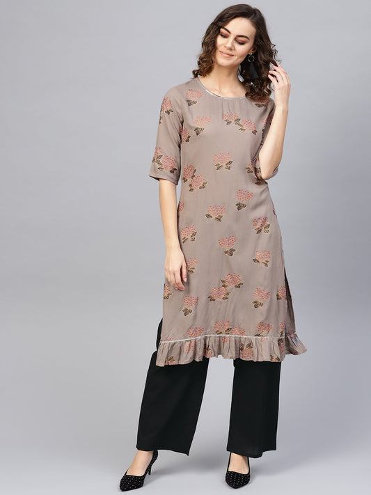 Women Taupe & Black Printed Kurta With Palazzos | LASVINI - Redefining Indian Fashion with Elegance