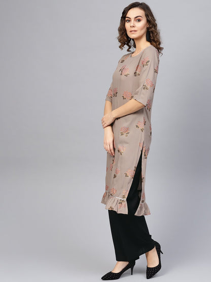 Women Taupe & Black Printed Kurta With Palazzos | LASVINI - Redefining Indian Fashion with Elegance