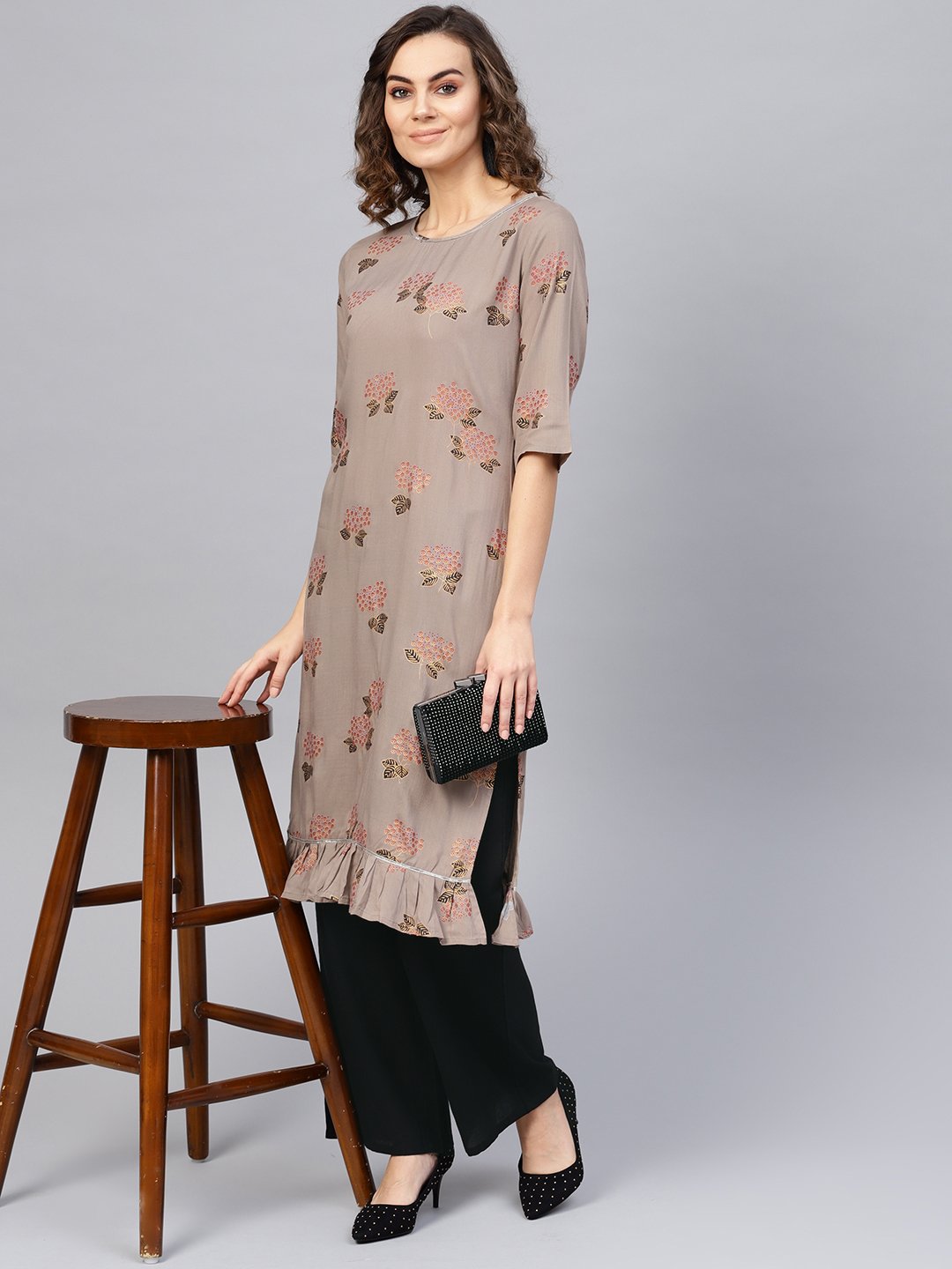 Women Taupe & Black Printed Kurta With Palazzos | LASVINI - Redefining Indian Fashion with Elegance