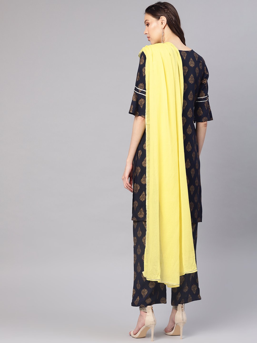 Women Navy Blue & Golden Printed Kurta With Palazzos & Dupatta | LASVINI - Redefining Indian Fashion with Elegance
