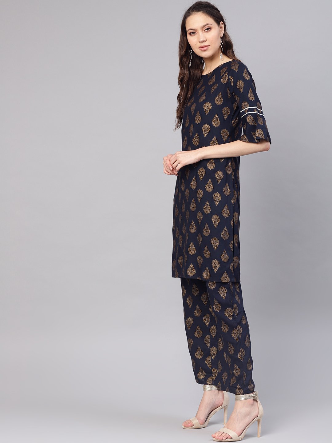Women Navy Blue & Golden Printed Kurta With Palazzos & Dupatta | LASVINI - Redefining Indian Fashion with Elegance