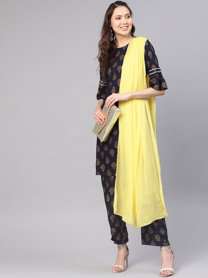 Women Navy Blue & Golden Printed Kurta With Palazzos & Dupatta | LASVINI - Redefining Indian Fashion with Elegance