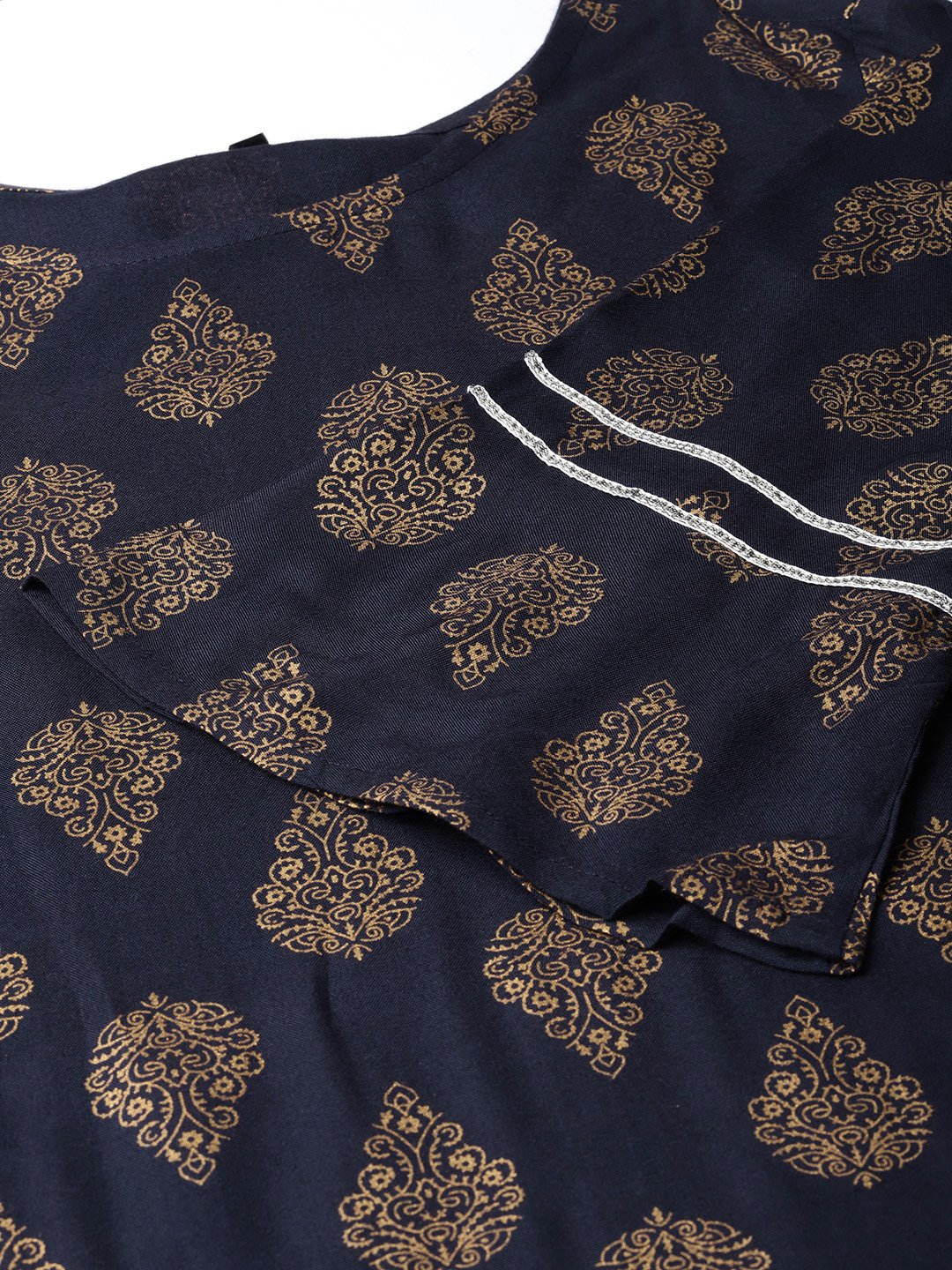 Women Navy Blue & Golden Printed Kurta With Palazzos & Dupatta | LASVINI - Redefining Indian Fashion with Elegance