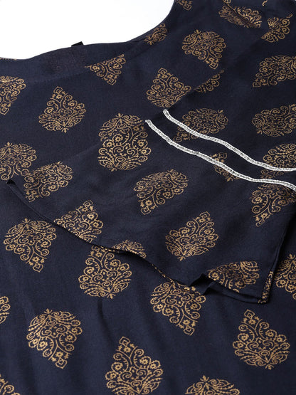 Women Navy Blue & Golden Printed Kurta With Palazzos & Dupatta | LASVINI - Redefining Indian Fashion with Elegance