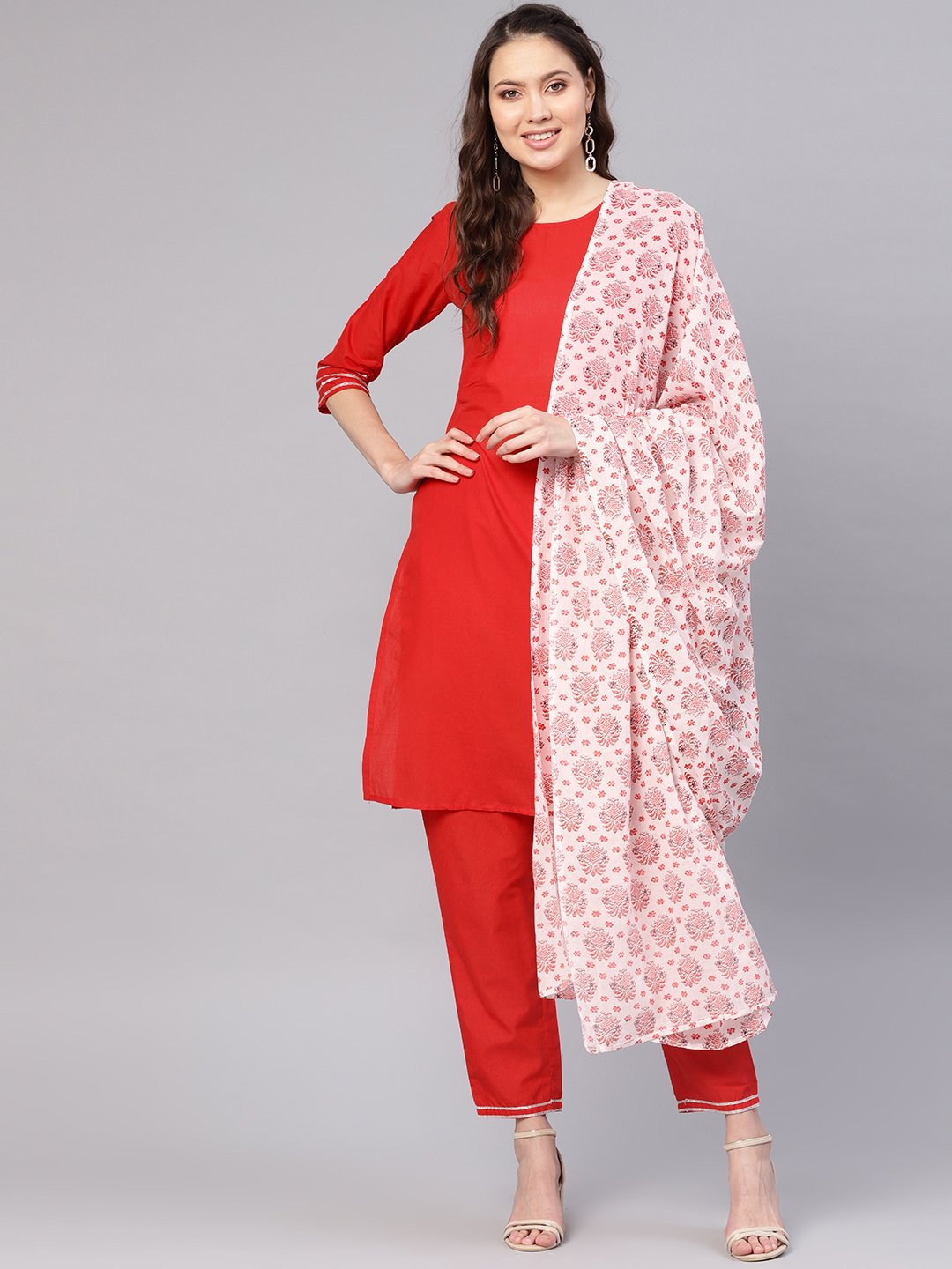 Women Red & Off-White Solid Kurta With Palazzos & Dupatta | LASVINI - Redefining Indian Fashion with Elegance
