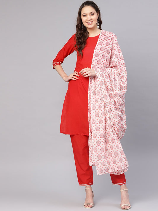 Women Red & Off-White Solid Kurta With Palazzos & Dupatta | LASVINI - Redefining Indian Fashion with Elegance