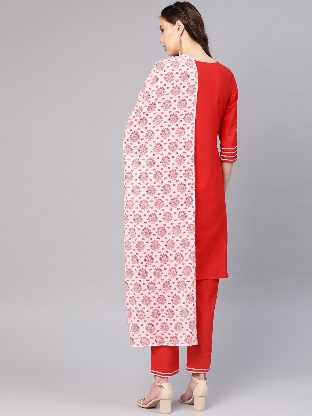 Women Red & Off-White Solid Kurta With Palazzos & Dupatta | LASVINI - Redefining Indian Fashion with Elegance