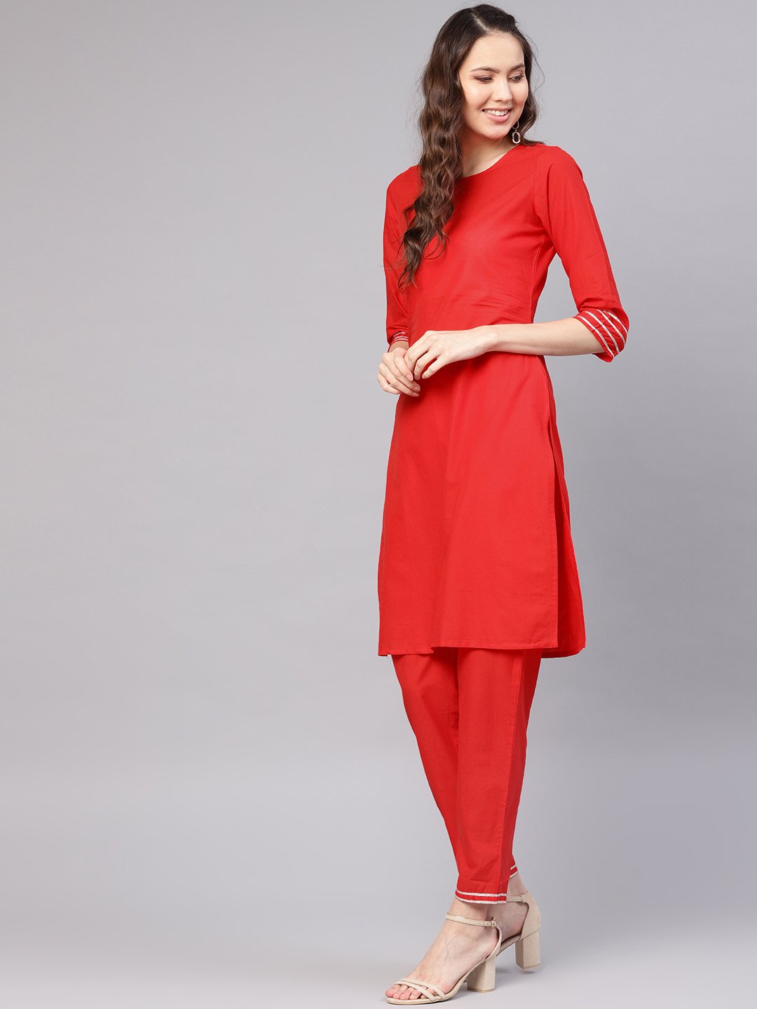 Women Red & Off-White Solid Kurta With Palazzos & Dupatta | LASVINI - Redefining Indian Fashion with Elegance