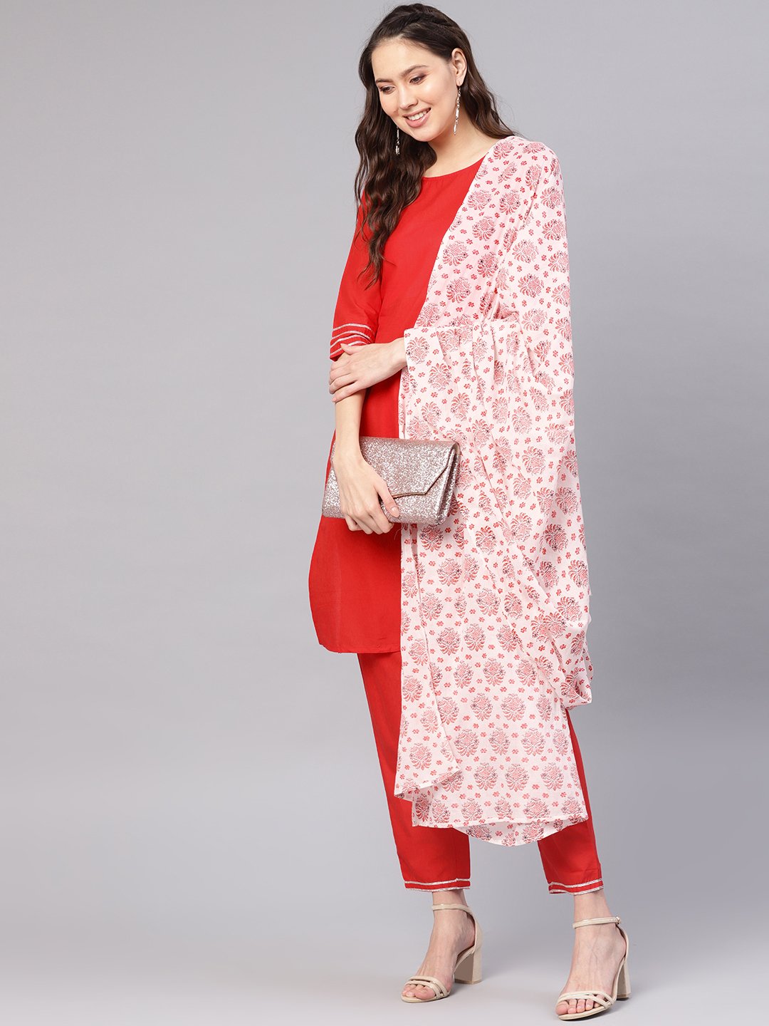 Women Red & Off-White Solid Kurta With Palazzos & Dupatta | LASVINI - Redefining Indian Fashion with Elegance